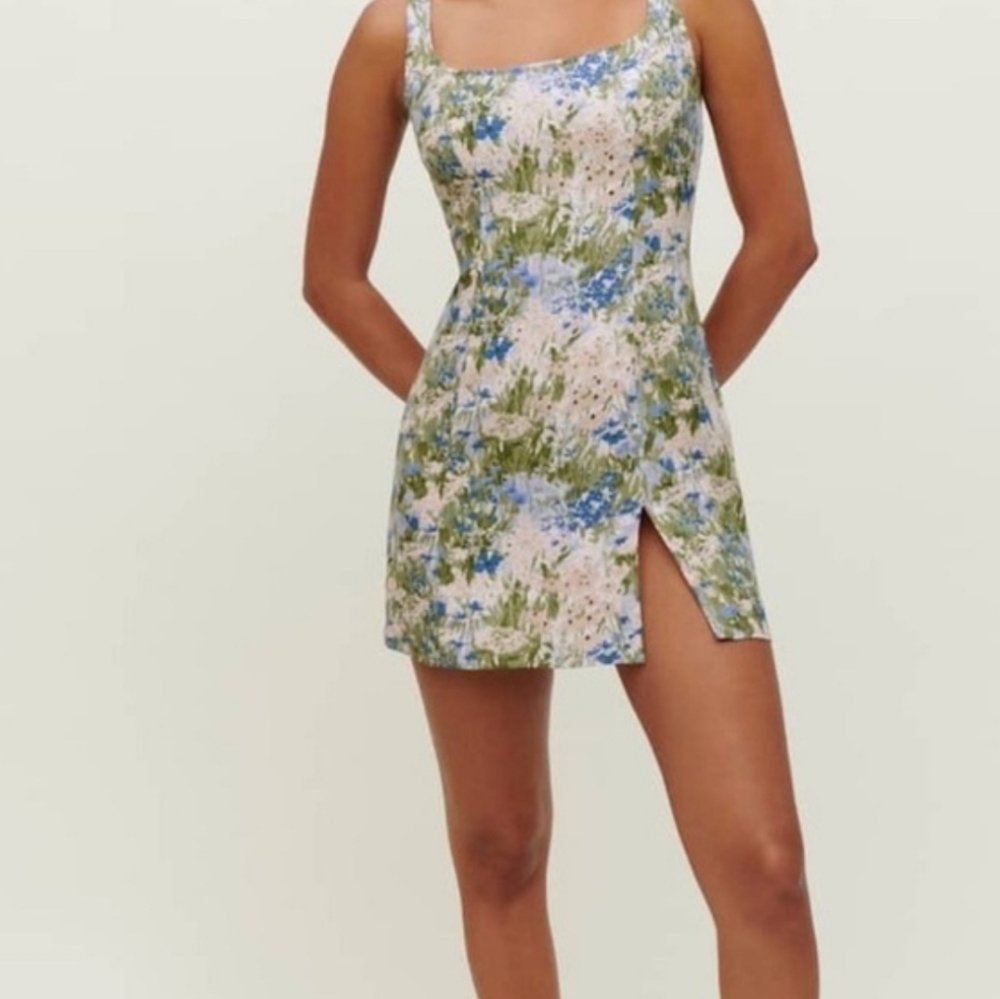 Reformation Green and Blue Floral Mini Dress